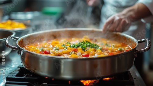 Cooking a colorful vegetable stew on a stove in a professional kitchen during...