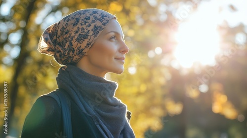 Caucasian woman in nature with headscarf enjoying sunlight in autumn park