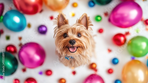 A happy Yorkshire Terrier celebrating New Year 2025. Featuring vibrant balloons and decorations photo