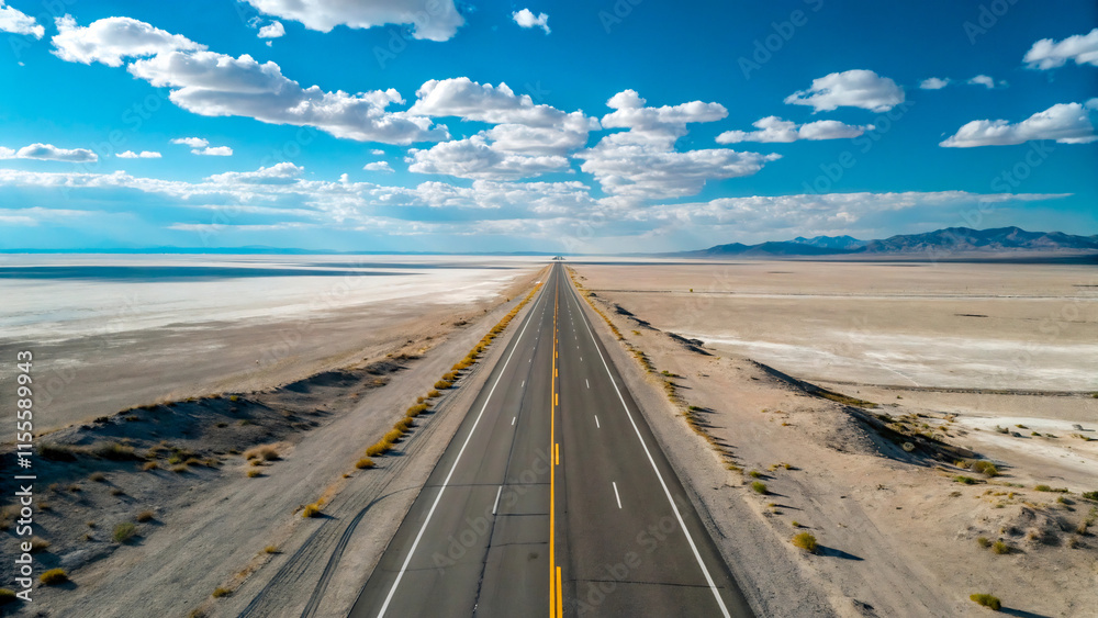 Fototapeta premium Empty road in the desert leading to the horizon under a cloudy sky
