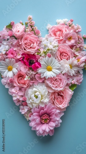 Beautiful floral heart arrangement with pink and white flowers in a garden se...
