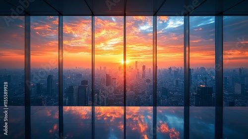 Beautiful sunset view over a city skyline from a modern high-rise building