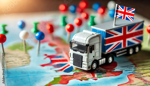 UK logistics and supply chain management truck united kindom flag on europe transport business  distribution and delivery concept