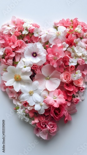 Beautiful floral heart arrangement with pink and white flowers in a garden se...