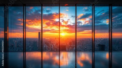 Beautiful sunset view over a city skyline from a modern high-rise building