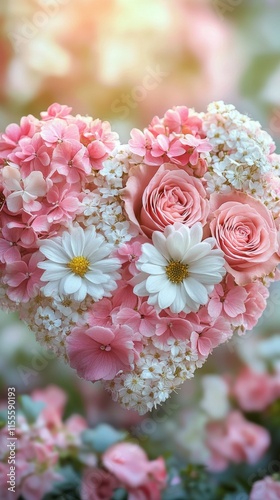 Beautiful floral heart arrangement with pink and white flowers in a garden se...