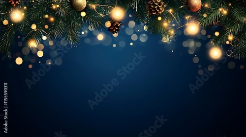 Christmas garland with warm bokeh lights glowing softly over a dark blue festive background