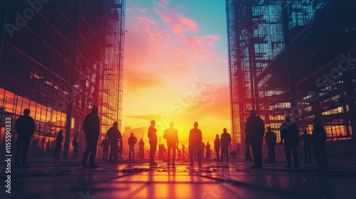 Construction workers at a building site during sunset in an urban area