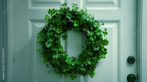  A festive wreath made of shamrocks hanging on a white door