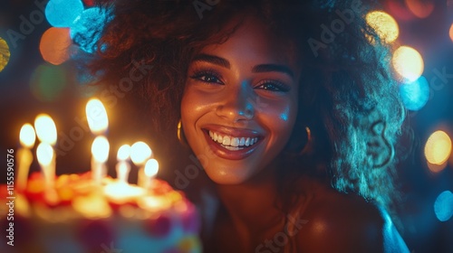 Joyful celebration of a birthday with a smiling girl and a colorful cake