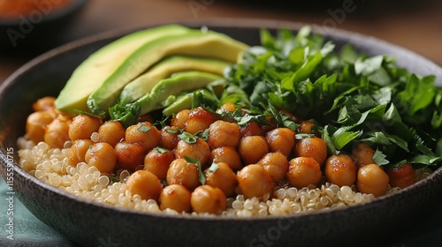 Bowl filled with quinoa, chickpeas, avocado, and fresh herbs set on a rustic ...