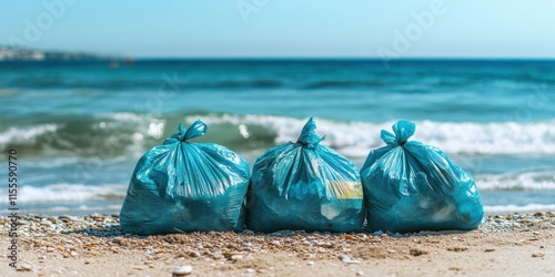 Three bags of blue plastic trash on beach, highlighting environmental concerns and pollution. serene ocean waves contrast with waste, emphasizing need for cleanliness