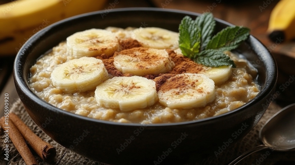 Warm oatmeal bowl topped with banana slices and spices on a rustic table Warm oatmeal bowl topped with banana slices and spices on a rustic table
