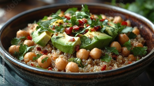 Bowl filled with quinoa, chickpeas, avocado, and fresh herbs set on a rustic ...