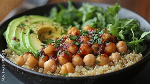Bowl filled with quinoa, chickpeas, avocado, and fresh herbs set on a rustic ...