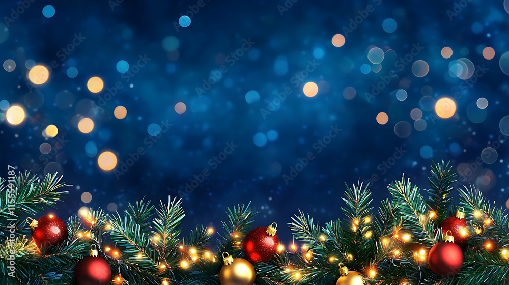 Elegant bokeh lights sparkling through festive garland on a rich dark blue background Elegant bokeh lights sparkling through festive garland on a rich dark blue background