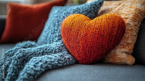 Cozy living room decor featuring heart-shaped pillow and warm textures in aft...