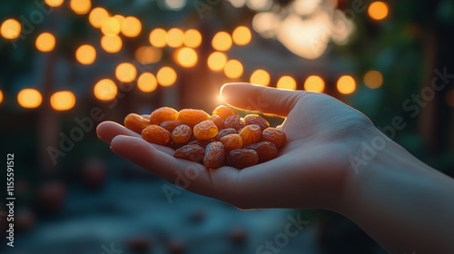 Hand holding fresh dates in warm sunset light with palm trees in background