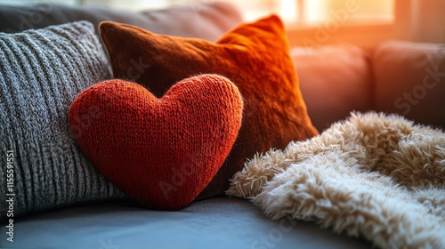Cozy living room decor featuring heart-shaped pillow and warm textures in aft...