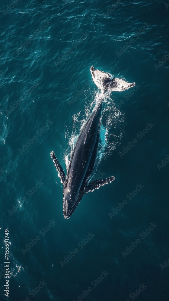 Fototapeta premium Humpback whale swimming gracefully in clear blue ocean waters under bright sunlight