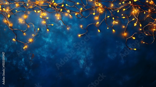 Holiday garland with radiant lights shining softly against a rich dark blue festive canvas photo