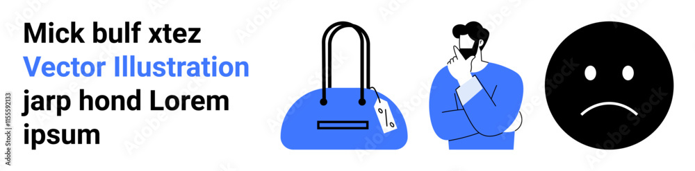 Man with beard, hand on chin, blue duffel bag with a price tag, black circle with sad face emotion. Ideal for decision making, shopping, emotions, marketing, products e-commerce landing page Man with beard, hand on chin, blue duffel bag with a price tag, black circle with sad face emotion. Ideal for decision making, shopping, emotions, marketing, products e-commerce landing page