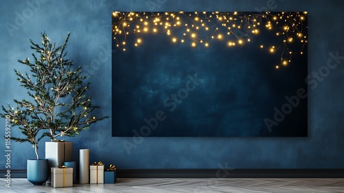 Holiday garland with radiant lights shining softly against a rich dark blue festive canvas photo