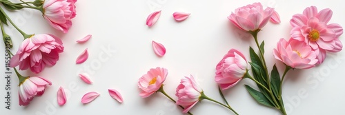 pink flowers arranged neatly on a clean white background, creating a stunning flat lay composition, floral, pastel