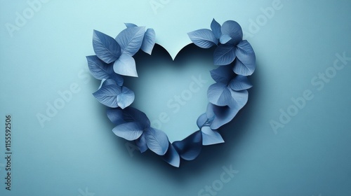 Blue paper leaves creating heart shape against light blue background for deco...