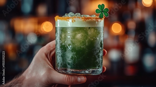 Green cocktail garnished with a clover in a festive bar setting during a cele...
