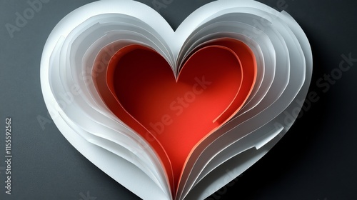 Intricate layered paper art forming a heart shape in vibrant red and white co...