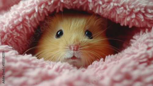 Cute hamster sitting on bedding with curious expression in cozy habitat