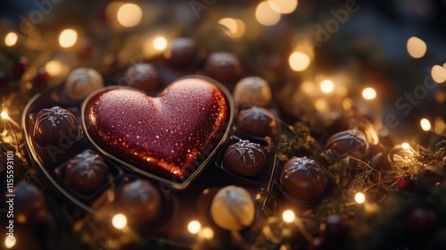 Heart-shaped box of assorted chocolates with glowing lights for a romantic oc...