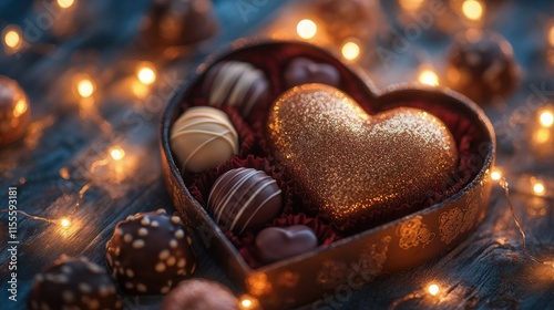 Heart-shaped box of assorted chocolates with glowing lights for a romantic oc...