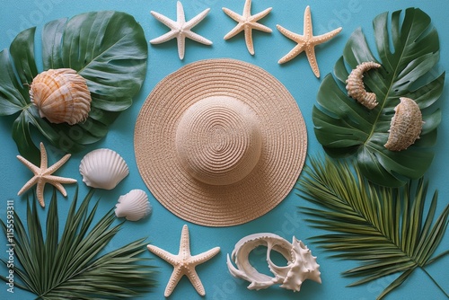 Straw hat surrounded by starfish and tropical leaves on a blue background