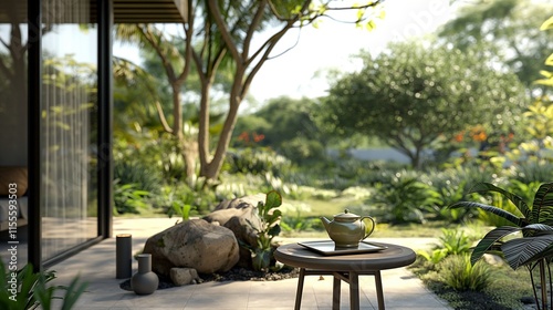 A modern patio with a small table set with a teapot, a cup of green tea, and a view of a lush, green landscape 32k, full ultra hd, high resolution photo