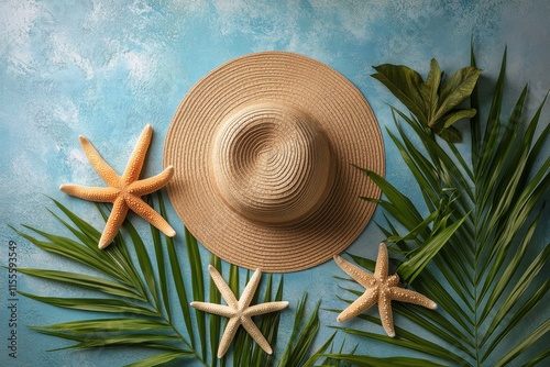 Straw hat surrounded by starfish and tropical leaves on a blue background