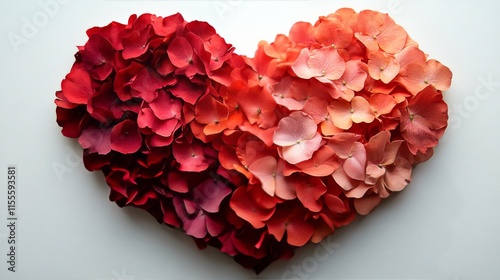 Heart shape made of colorful rose petals on a white background