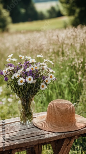 Vibrant bouquet of flowers beside a straw hat on a rustic wooden bench in a n...