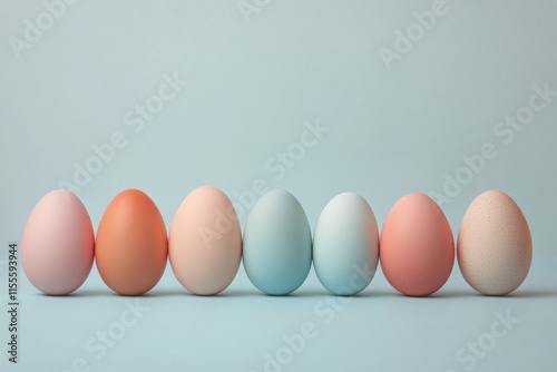 Colorful arrangement of pink and yellow eggs on a bright blue background for ...