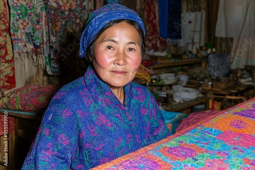 A Hmong woman weaving intricate patterns on a loom, surrounded by colorful threads and fabrics in a rustic workshop photo