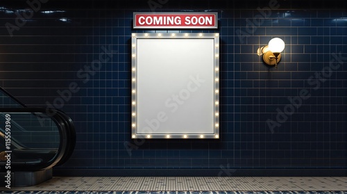 Empty Cinema Poster Panel on Theater Walkway with Coming Soon Text for Design Mockup
