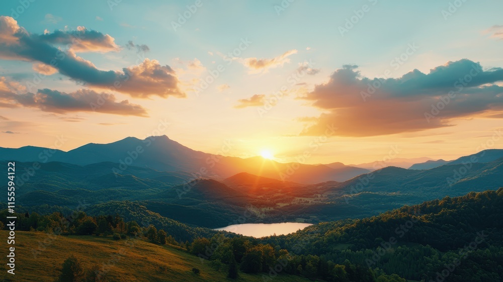 Fototapeta premium breathtaking landscape featuring mountains, serene lake, and vibrant sunset. scene captures beauty of nature with lush greenery and dramatic clouds