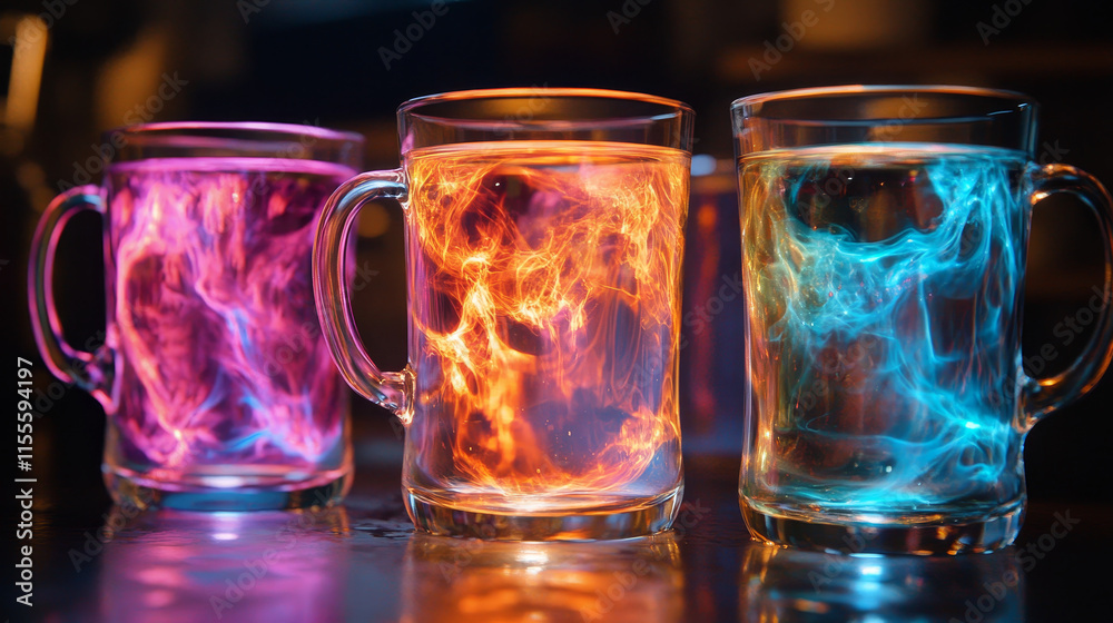 Hologram juice. Holographic projection cups with tubes Flickering energy flux of particles. Scientific design of drinks. Hologram juice. Holographic projection cups with tubes Flickering energy flux of particles. Scientific design of drinks.