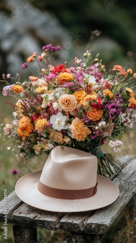 Vibrant bouquet of flowers beside a straw hat on a rustic wooden bench in a n...