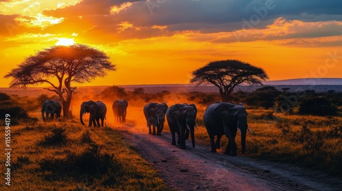 Dusk silhouettes of elephants walking toward a mountain in the African savanna