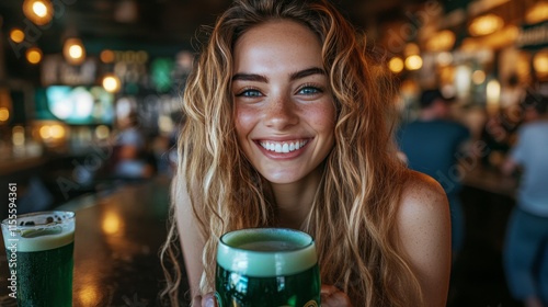 Celebrating St Patricks Day with green beer and festive attire in a lively pub