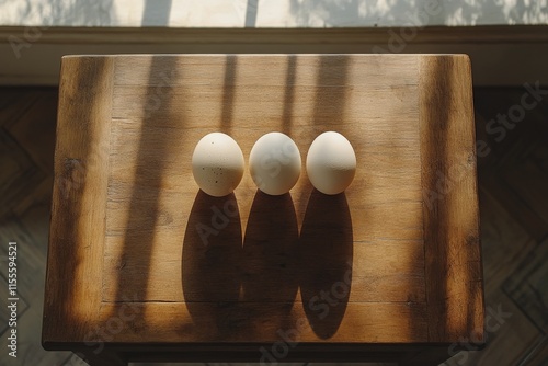Three white eggs on wooden table casting shadows in soft morning light