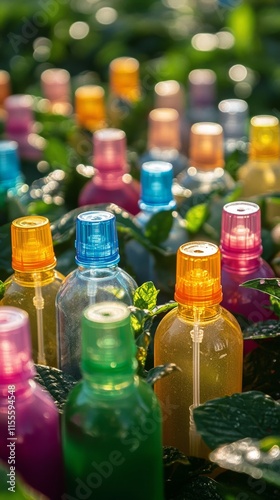 Colorful glass bottles lined up among greenery in a vibrant garden during gol...