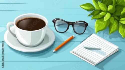 Flat lay of coffee cup, glasses, pen, notepad, and plant on a blue wooden table.